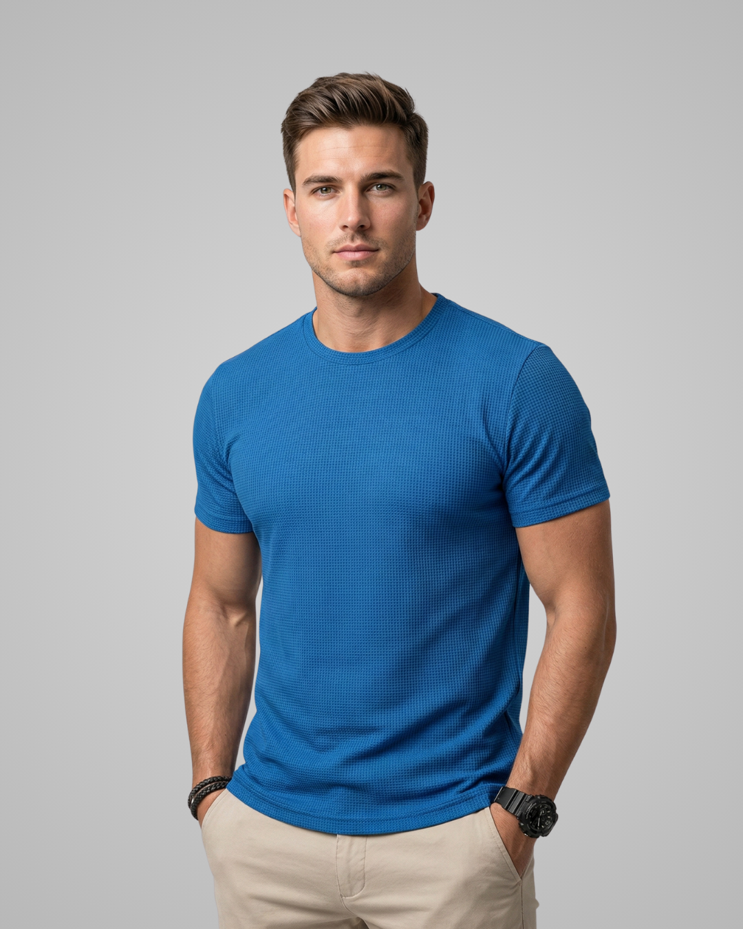 Man wearing a blue t-shirt against a gray background