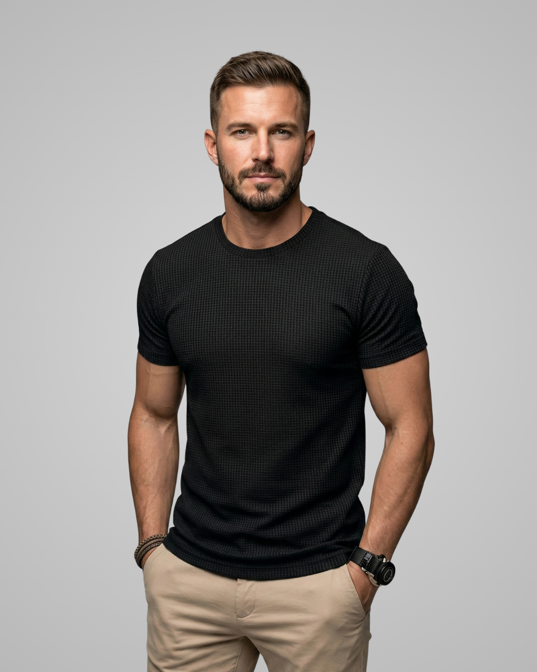 Man wearing a black textured t-shirt and beige pants against a gray background