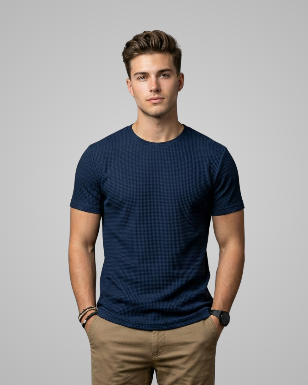 Man wearing a navy blue textured t-shirt and beige pants on a gray background
