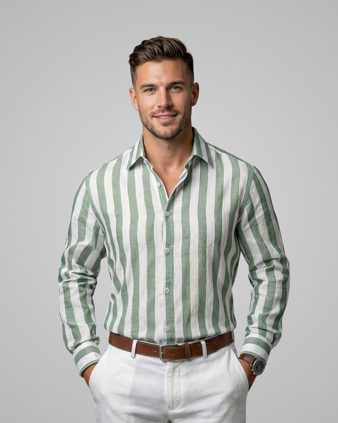 Man wearing a green and white striped shirt with white pants on a gray background