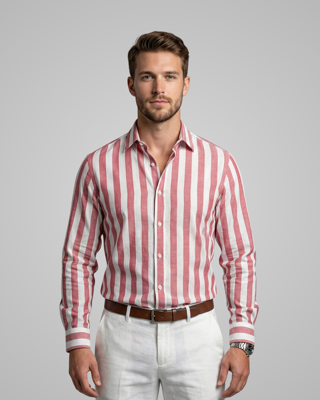 Man wearing a red and white striped shirt with white pants on a gray background