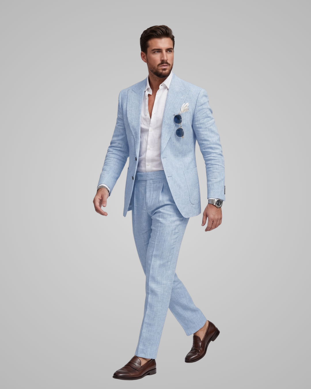 Man wearing a light blue suit with a white shirt on a gray background