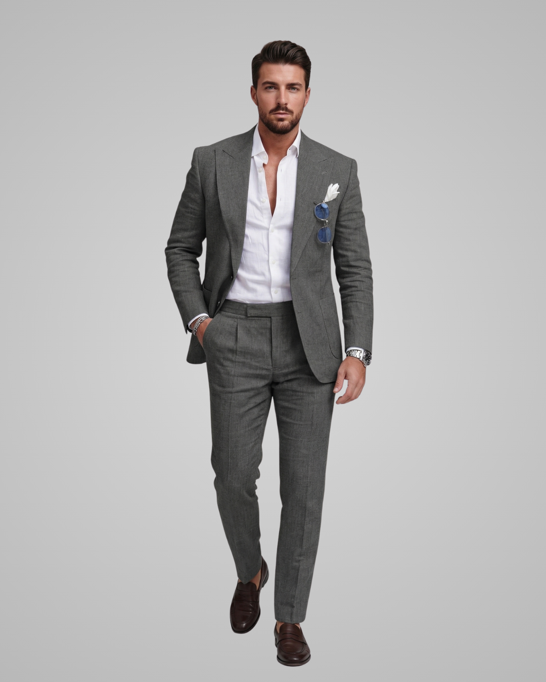 Man wearing a gray suit with a white shirt on a gray background