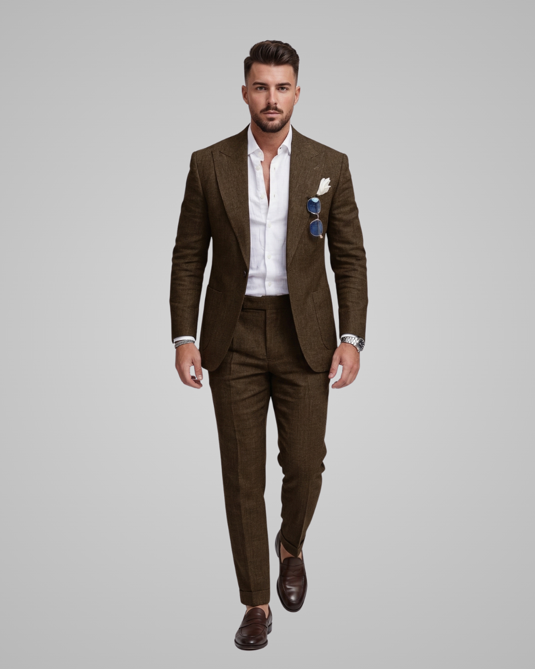 Man wearing a brown suit with a white shirt on a gray background