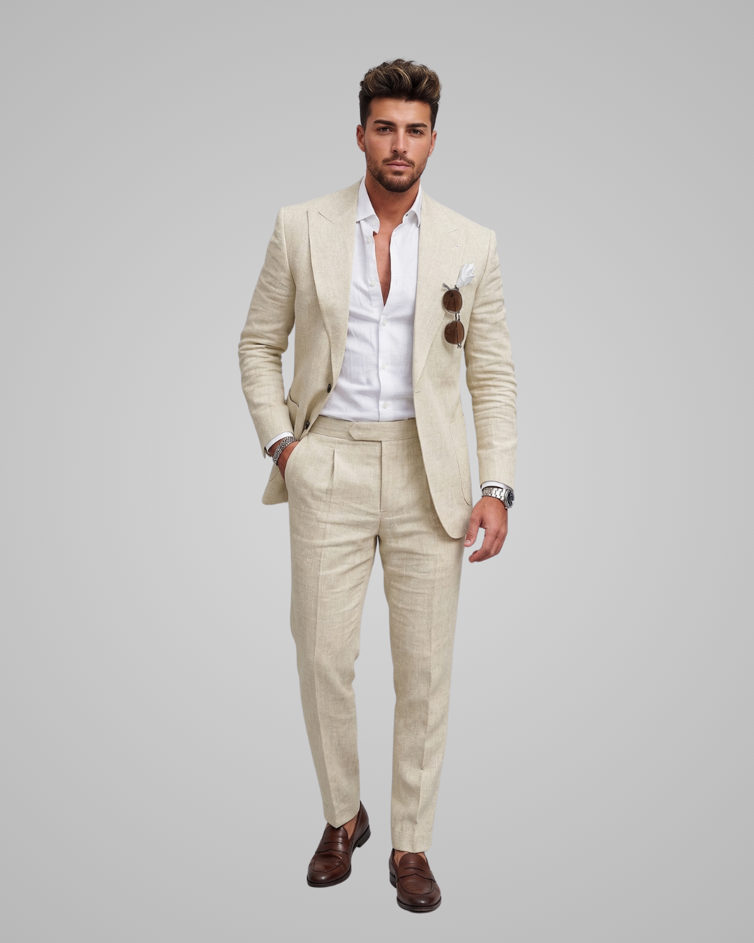 Man wearing a beige suit with a white shirt on a gray background