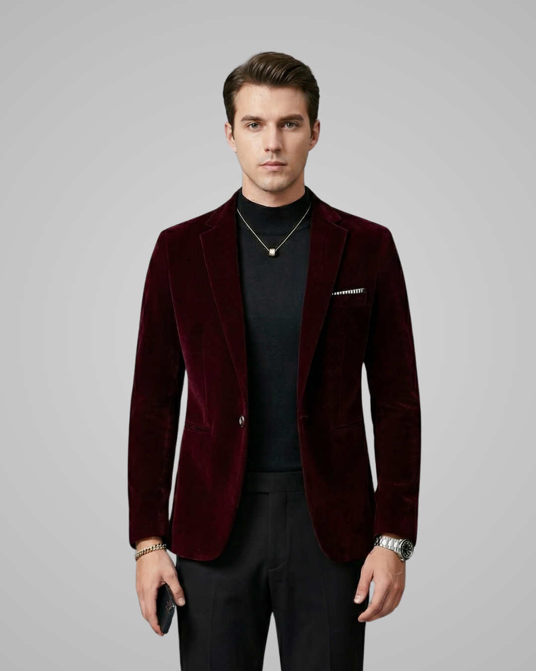 Man wearing a red velvet blazer with a gray background