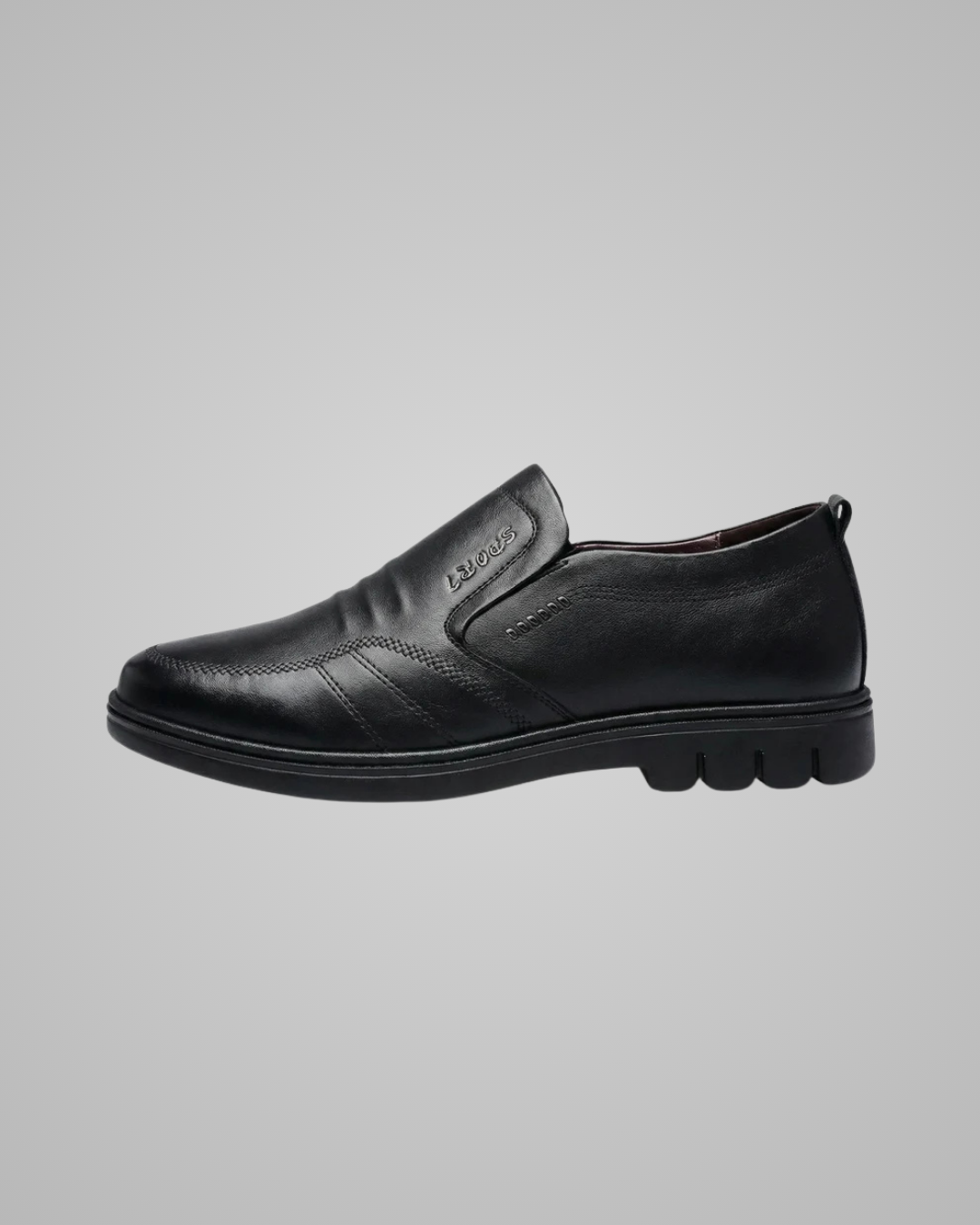 Pair of gray shoes with white laces on a white background