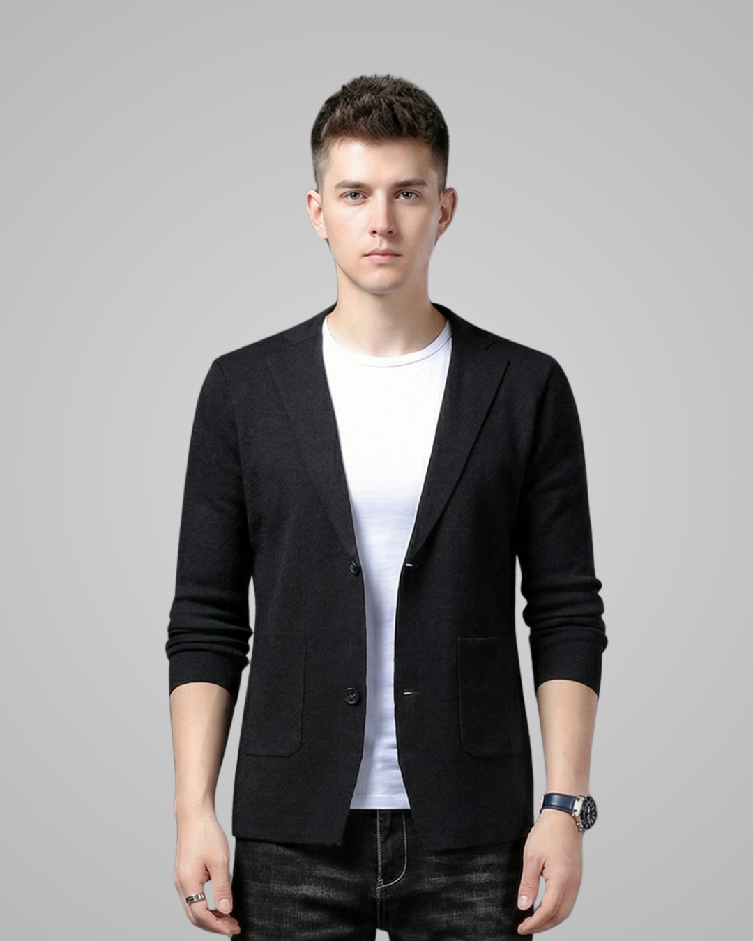 Man wearing a black blazer over a white shirt on a gray background