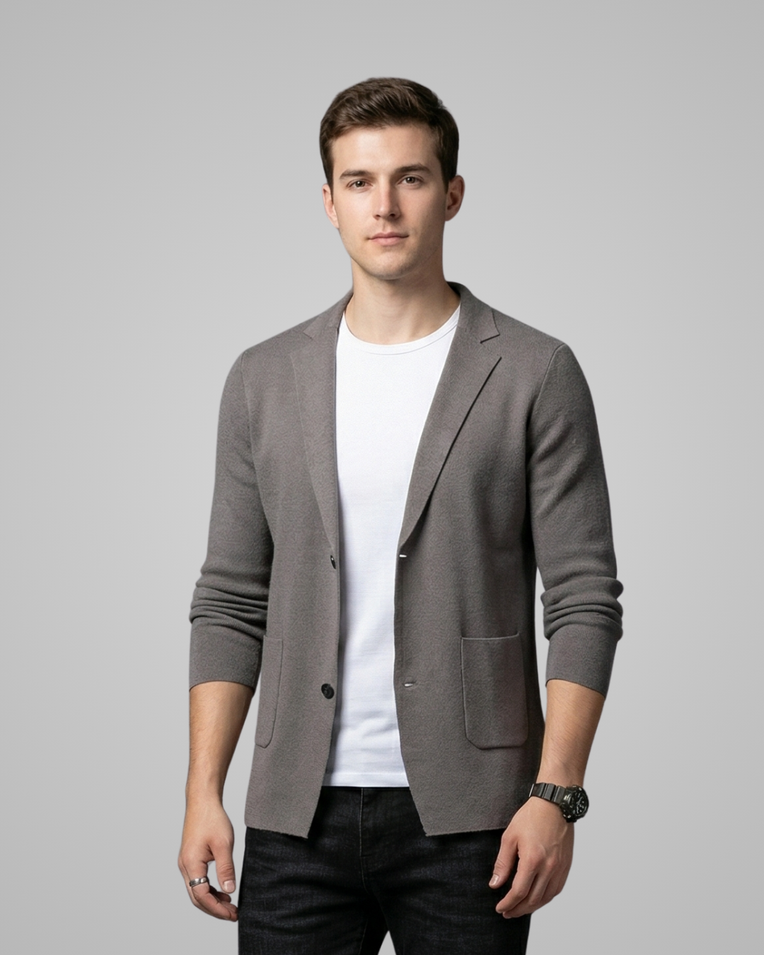 Man wearing a gray blazer over a white shirt on a gray background