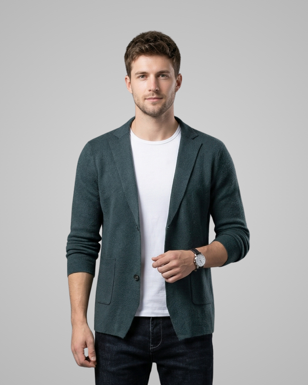 Man wearing a dark green blazer over a white shirt on a gray background