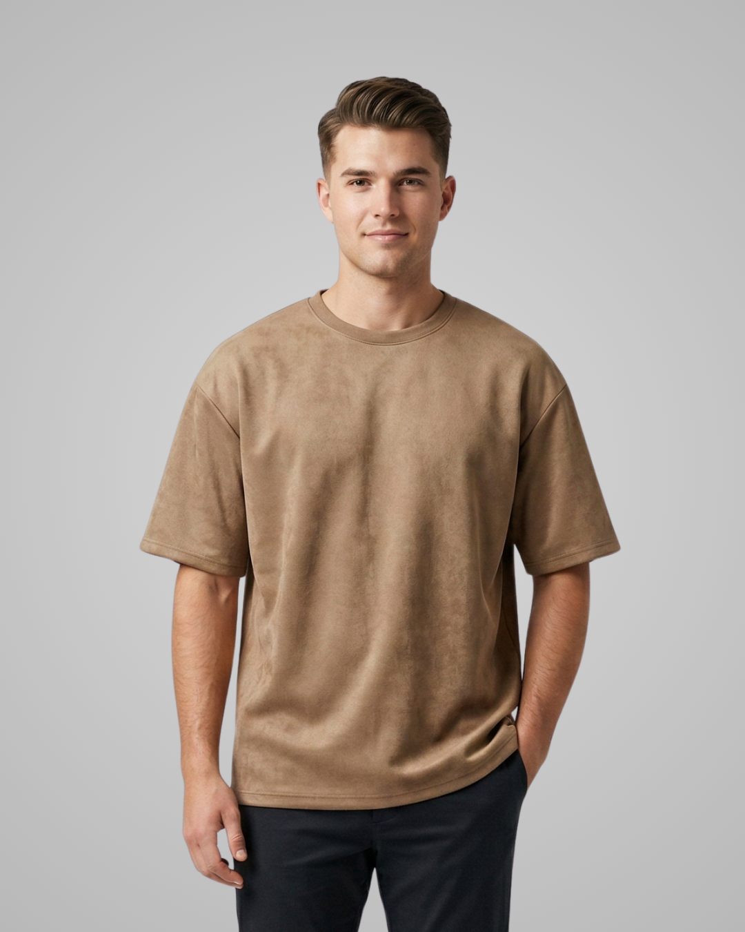 Man wearing a brown t-shirt against a gray background