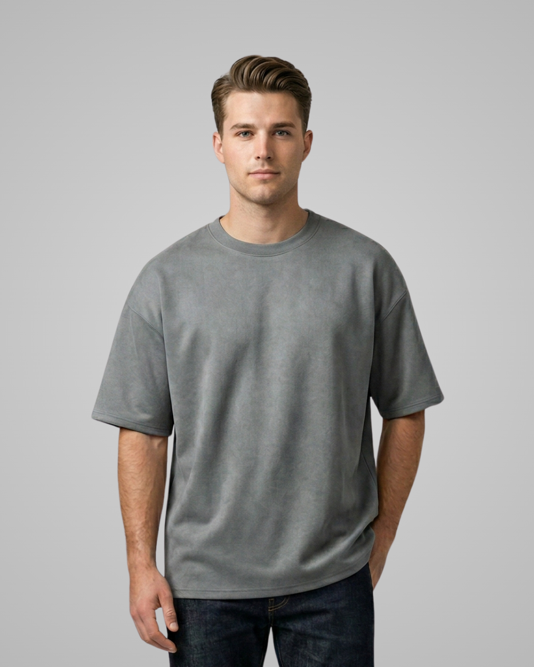 Man wearing a plain gray t-shirt against a light gray background