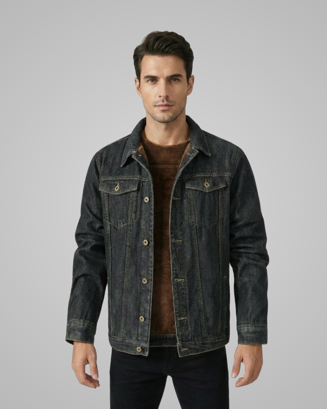 Man wearing a dark denim jacket on a gray background