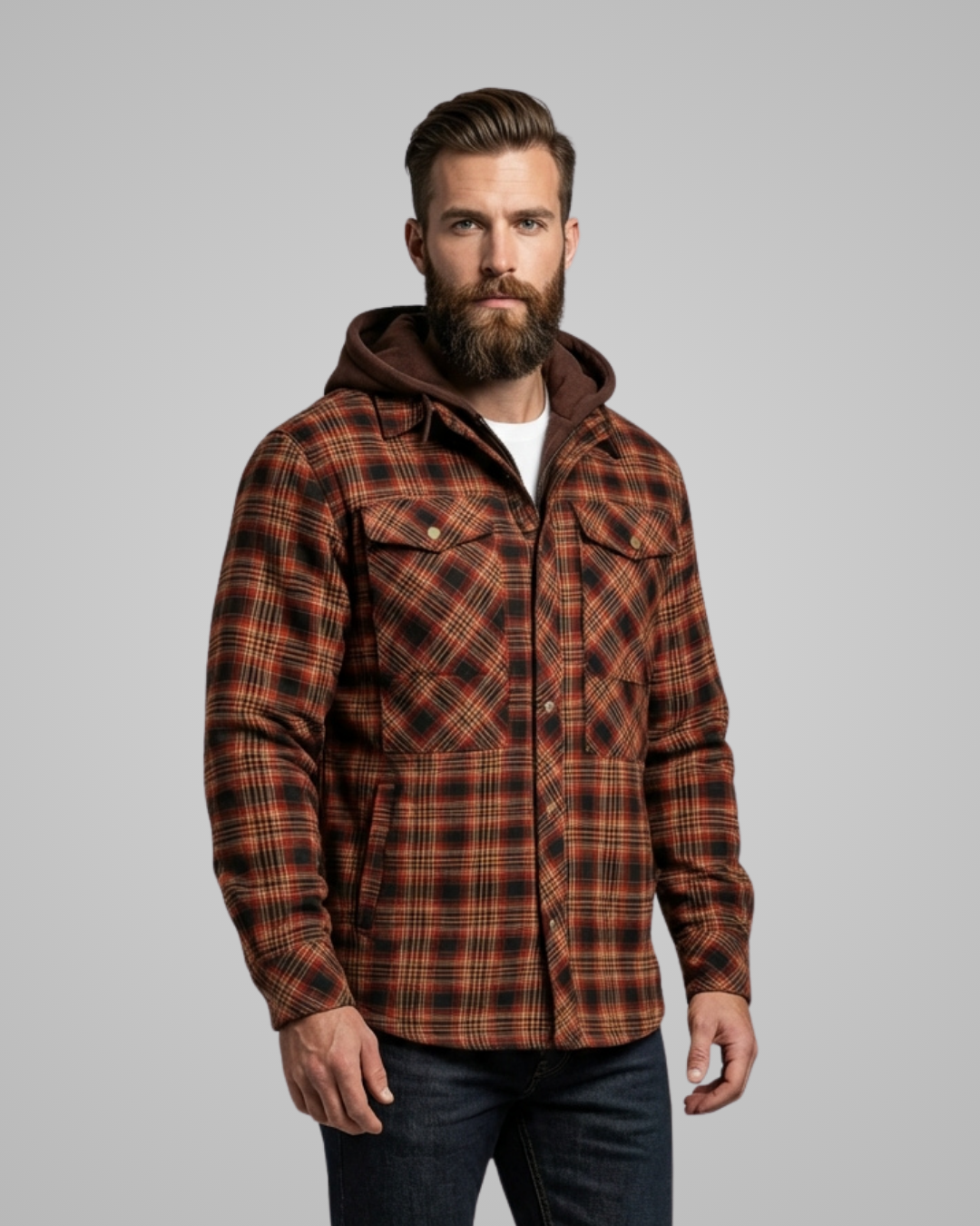 Man wearing a brown plaid jacket with a hood on a gray background