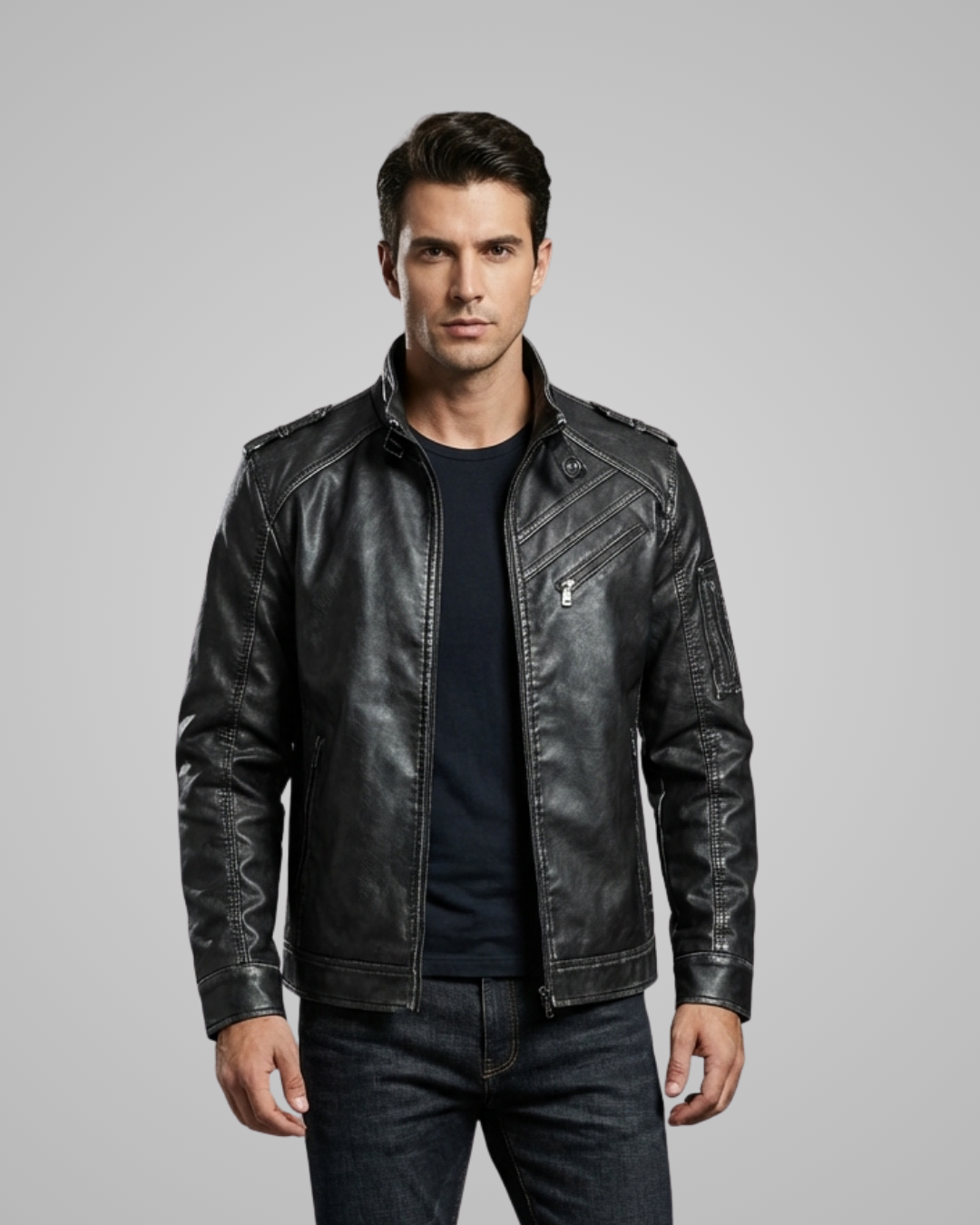 Man wearing a black leather jacket on a gray background