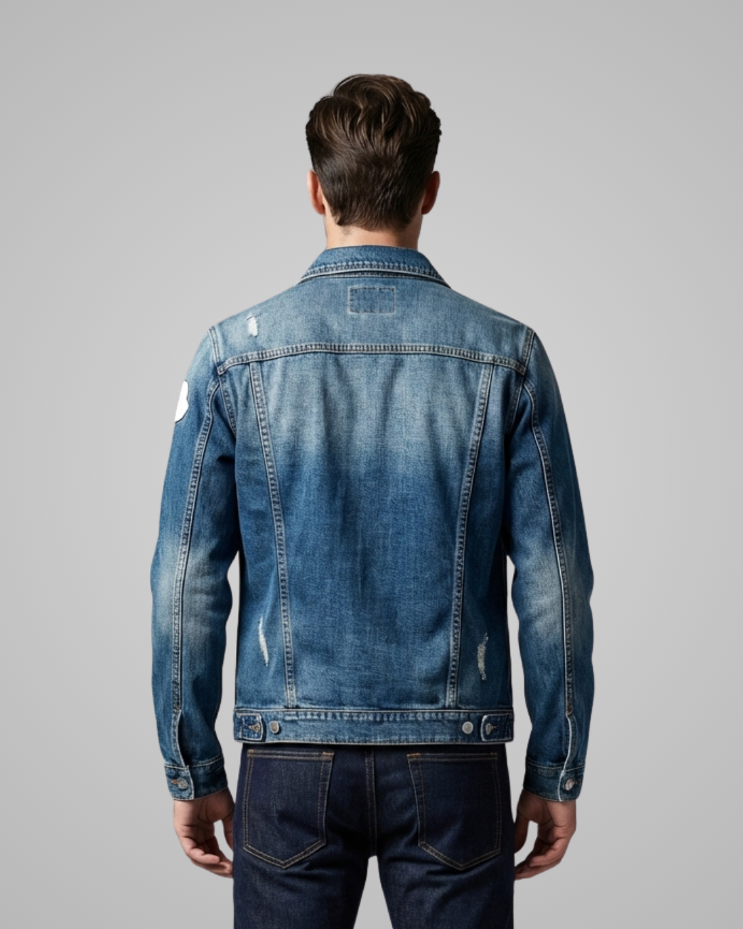 Blue denim jacket worn by a person on a gray background
