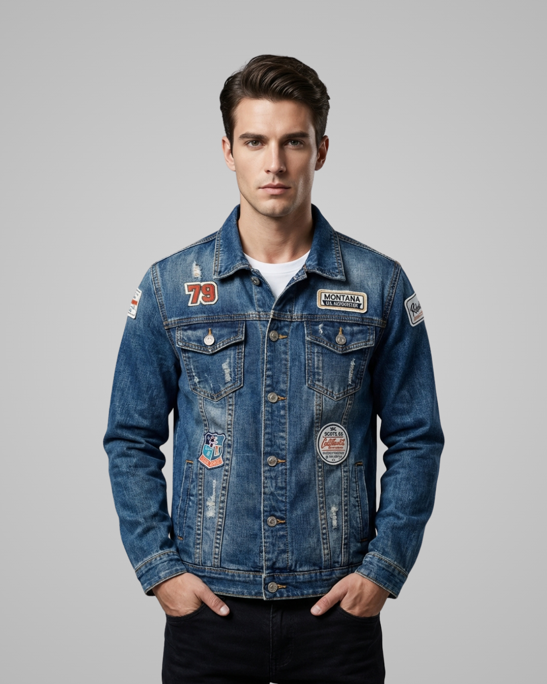 Man wearing a blue denim jacket with patches on a gray background