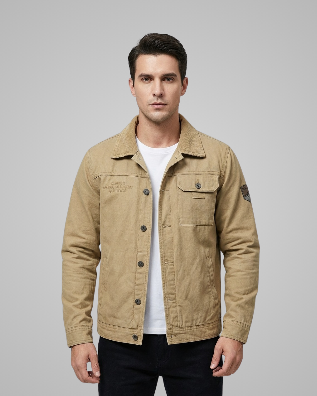 Man wearing a beige jacket over a white shirt on a gray background