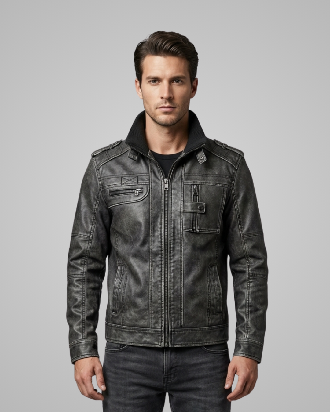 Man wearing a black leather jacket on a gray background