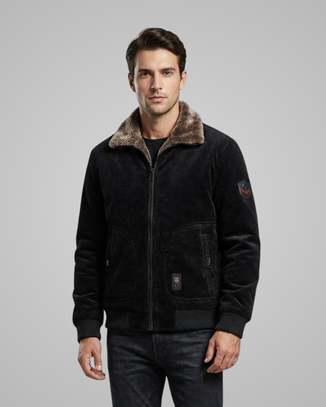 Man wearing a black jacket with fur collar on a gray background