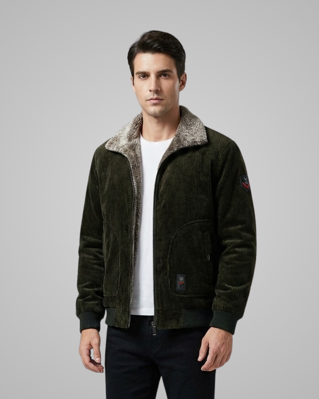 Man wearing a green jacket with a fur-lined collar on a gray background