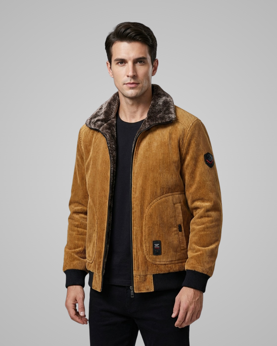 Man wearing a brown corduroy jacket with a fur-lined collar on a gray background