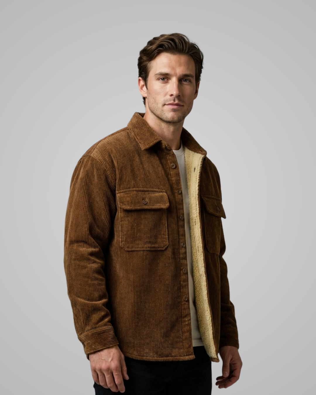 Man wearing a brown corduroy jacket on a gray background