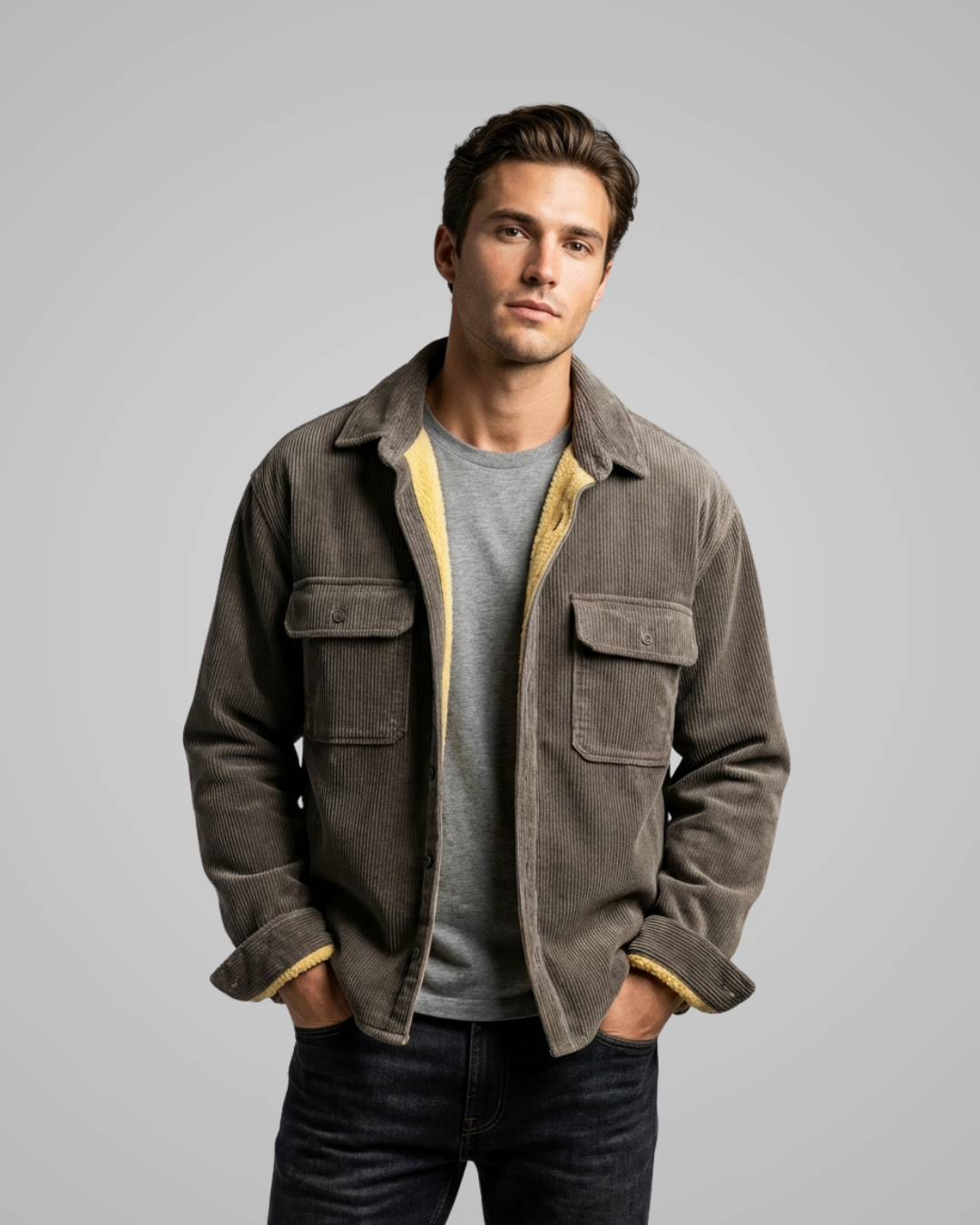 Man wearing a brown jacket with a gray shirt and dark jeans on a gray background