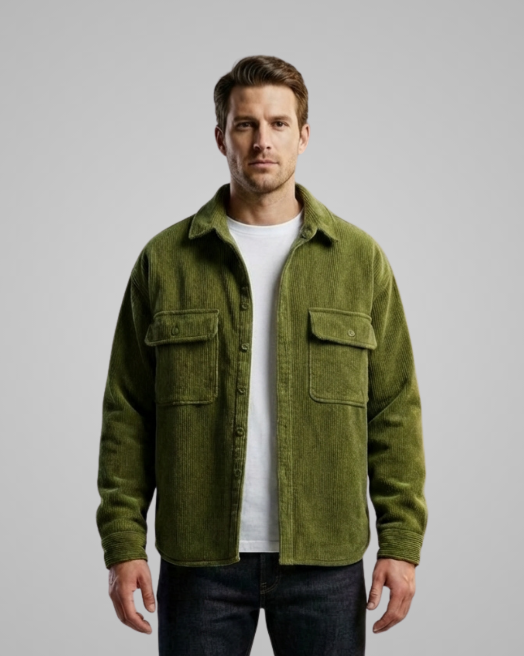 Man wearing a green jacket over a white shirt on a gray background