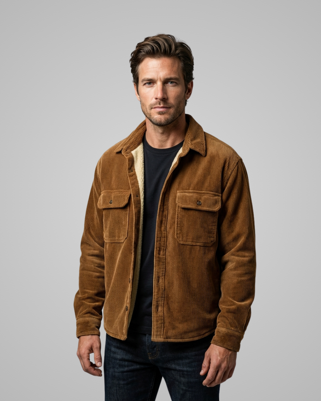 Man wearing a brown jacket on a gray background