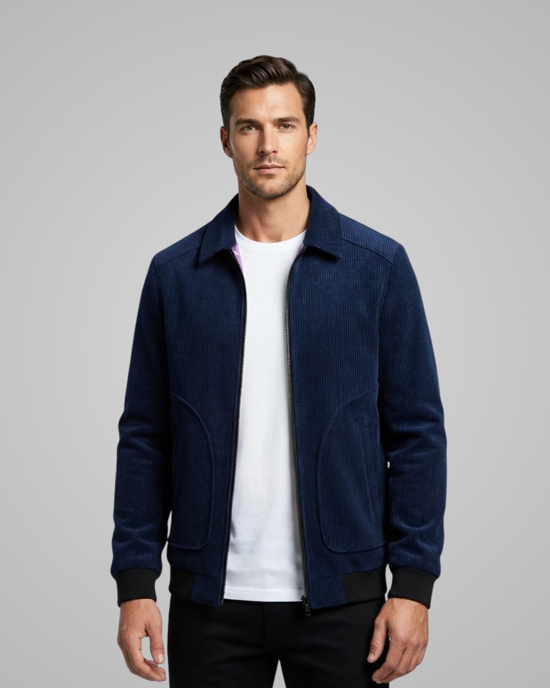 Man wearing a navy blue jacket over a white shirt on a gray background