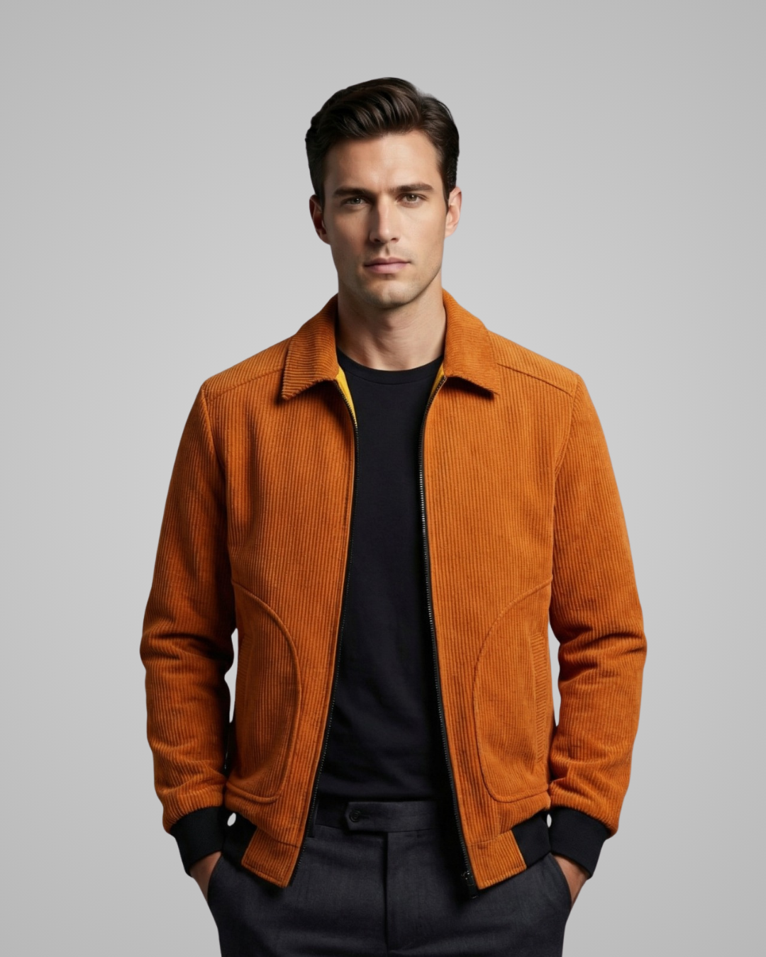 Man wearing an orange jacket against a gray background
