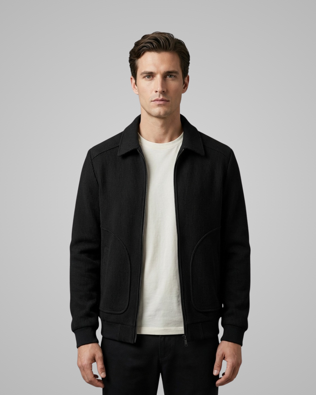 Man wearing a black jacket over a white shirt on a gray background