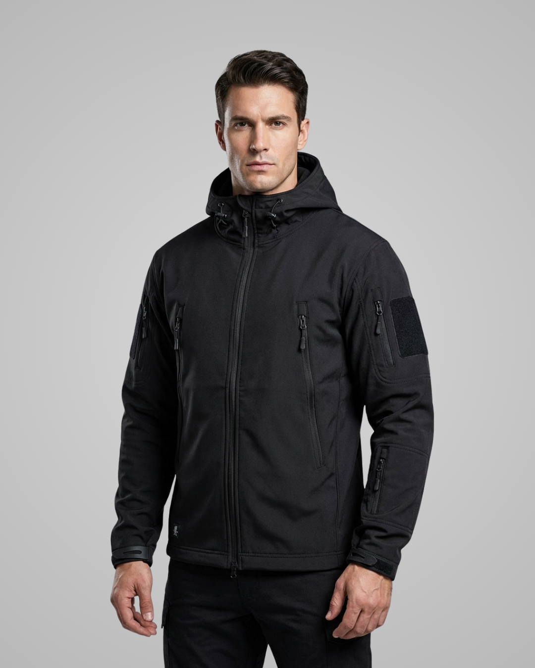 Man wearing a black tactical jacket on a gray background