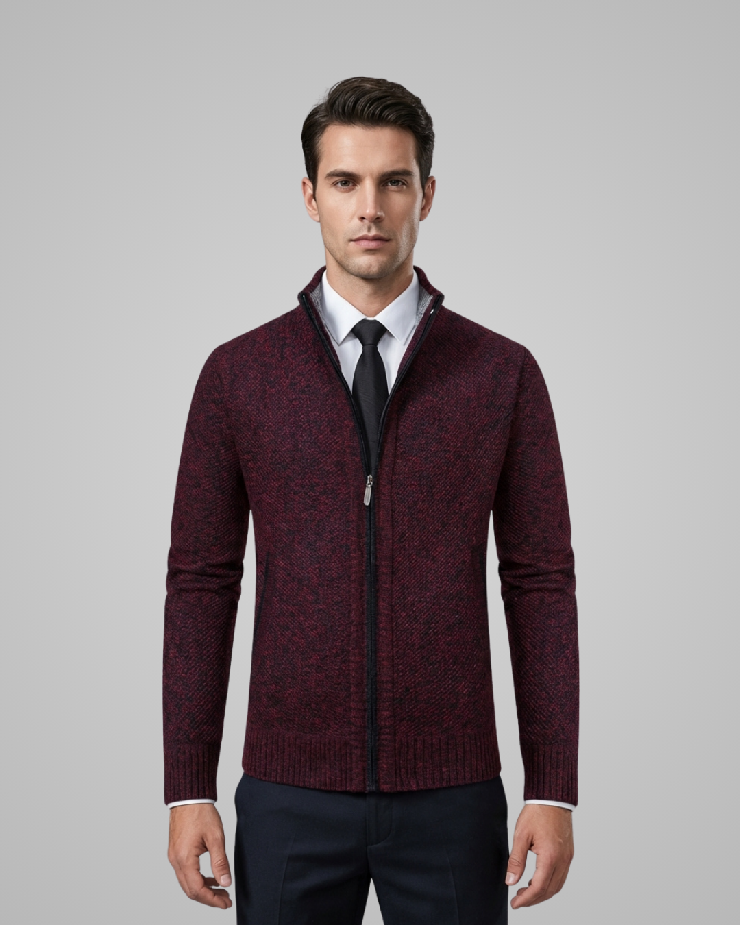 Man wearing a burgundy zip-up sweater over a white shirt with a black tie on a gray background