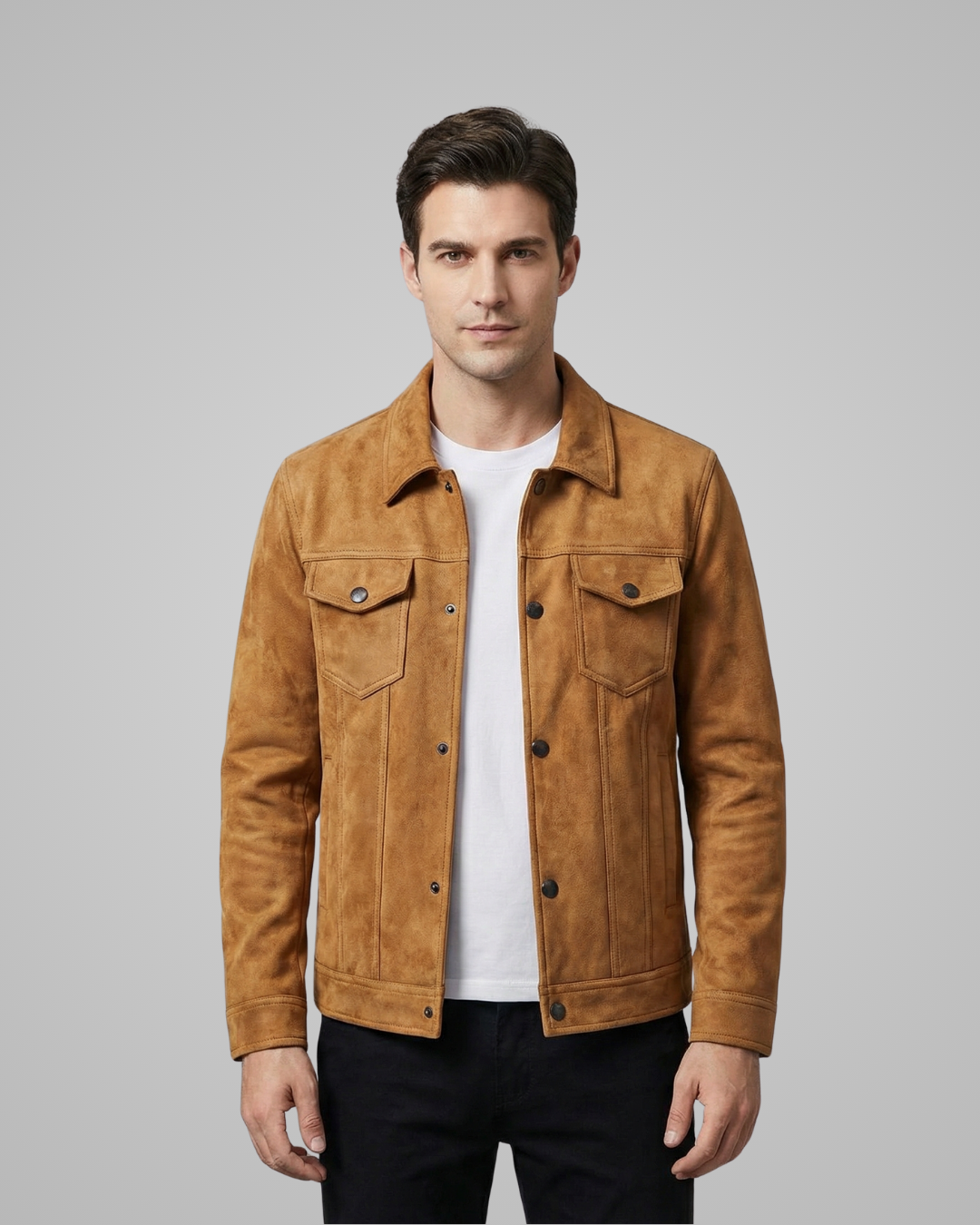 Man wearing a brown suede jacket on a gray background