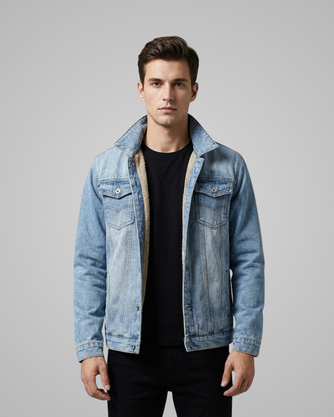 Man wearing a denim jacket over a black shirt on a gray background