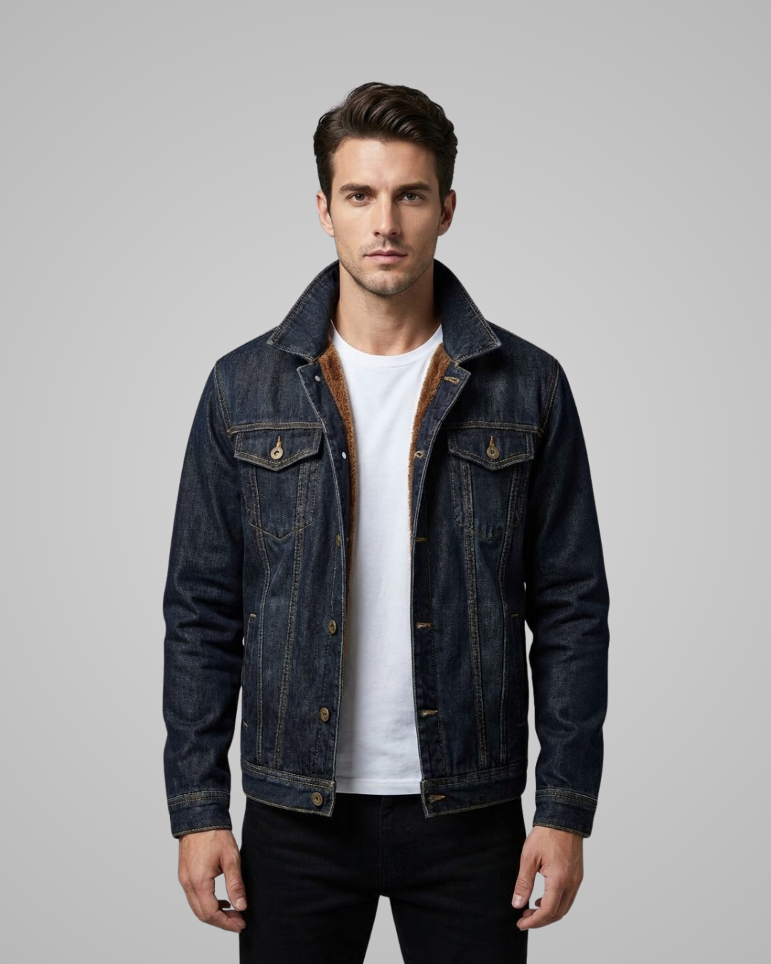 Man wearing a dark denim jacket over a white shirt on a gray background
