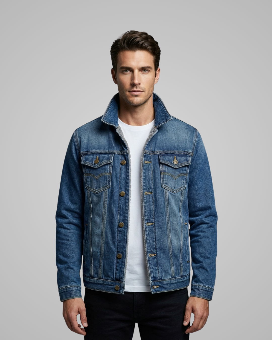 Man wearing a blue denim jacket on a gray background