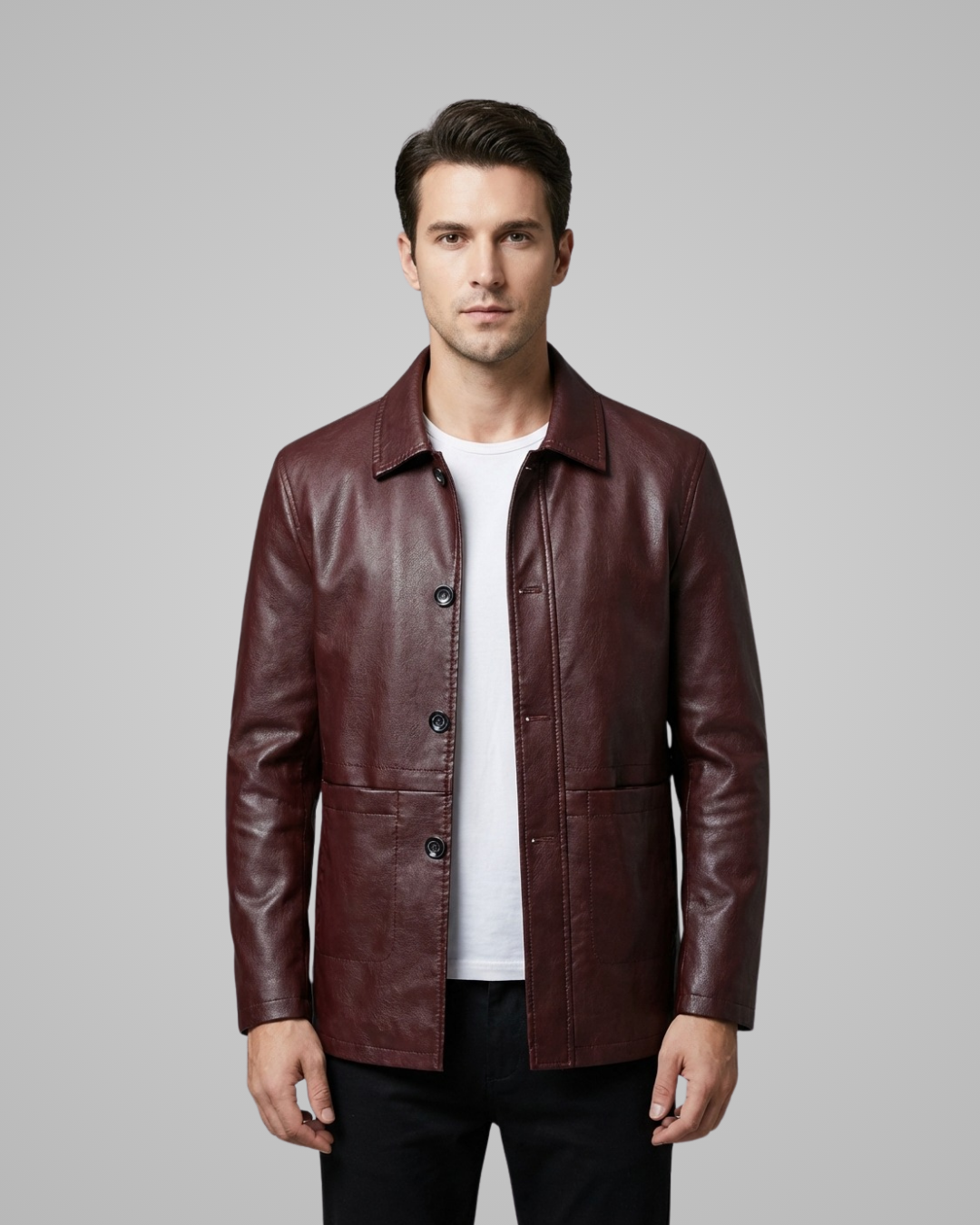 Man wearing a brown leather jacket on a gray background