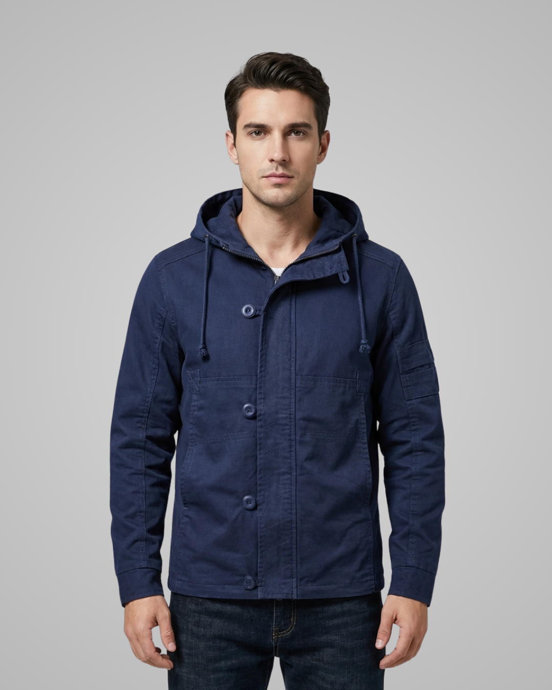 Man wearing a blue hooded jacket against a gray background