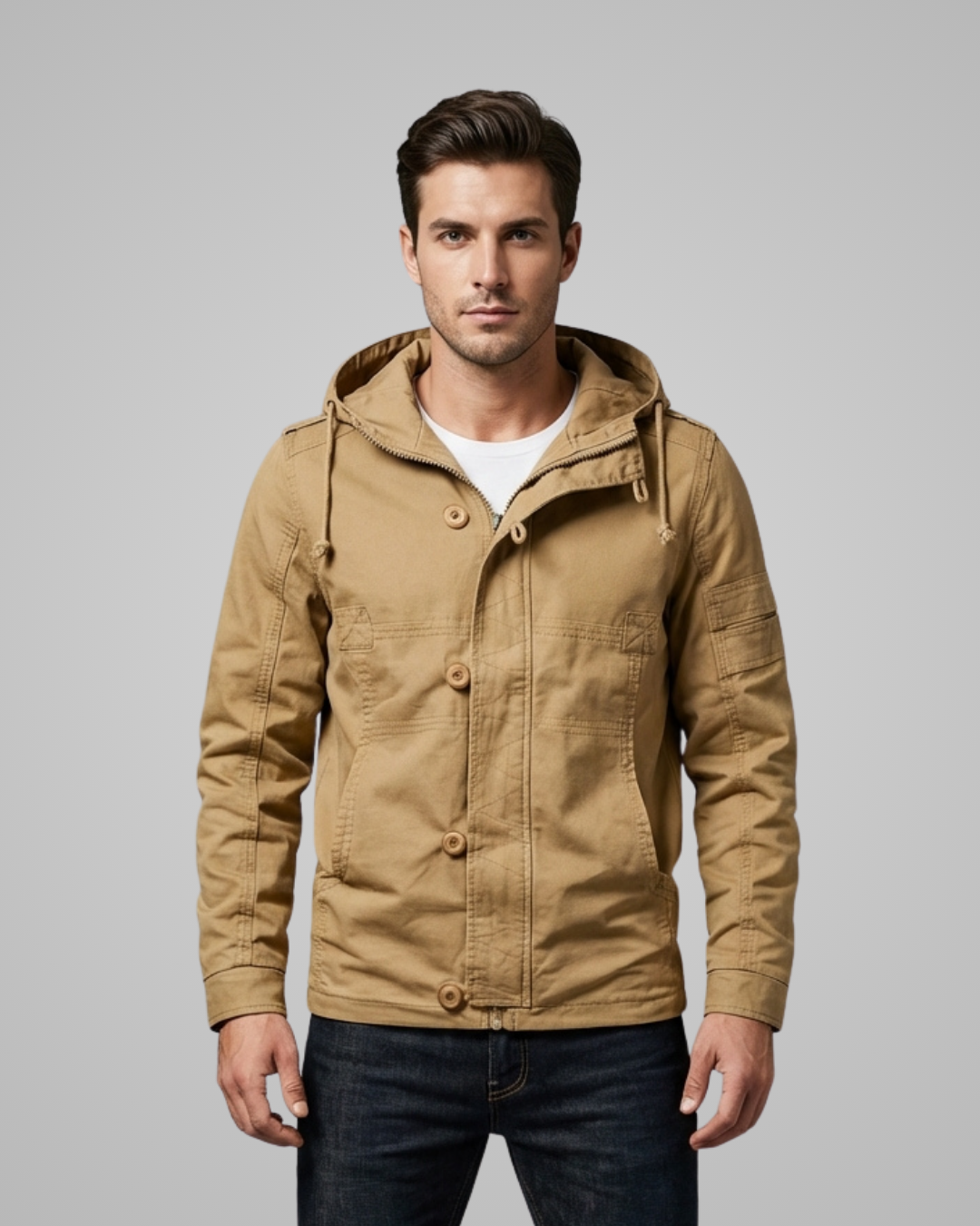 Man wearing a beige jacket with a hood against a gray background