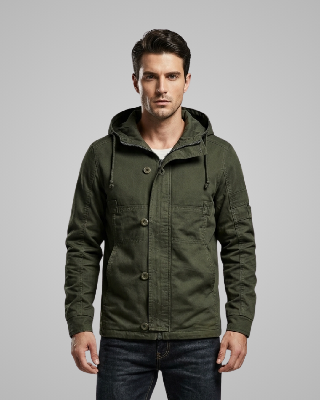 Man wearing a green hooded jacket against a gray background