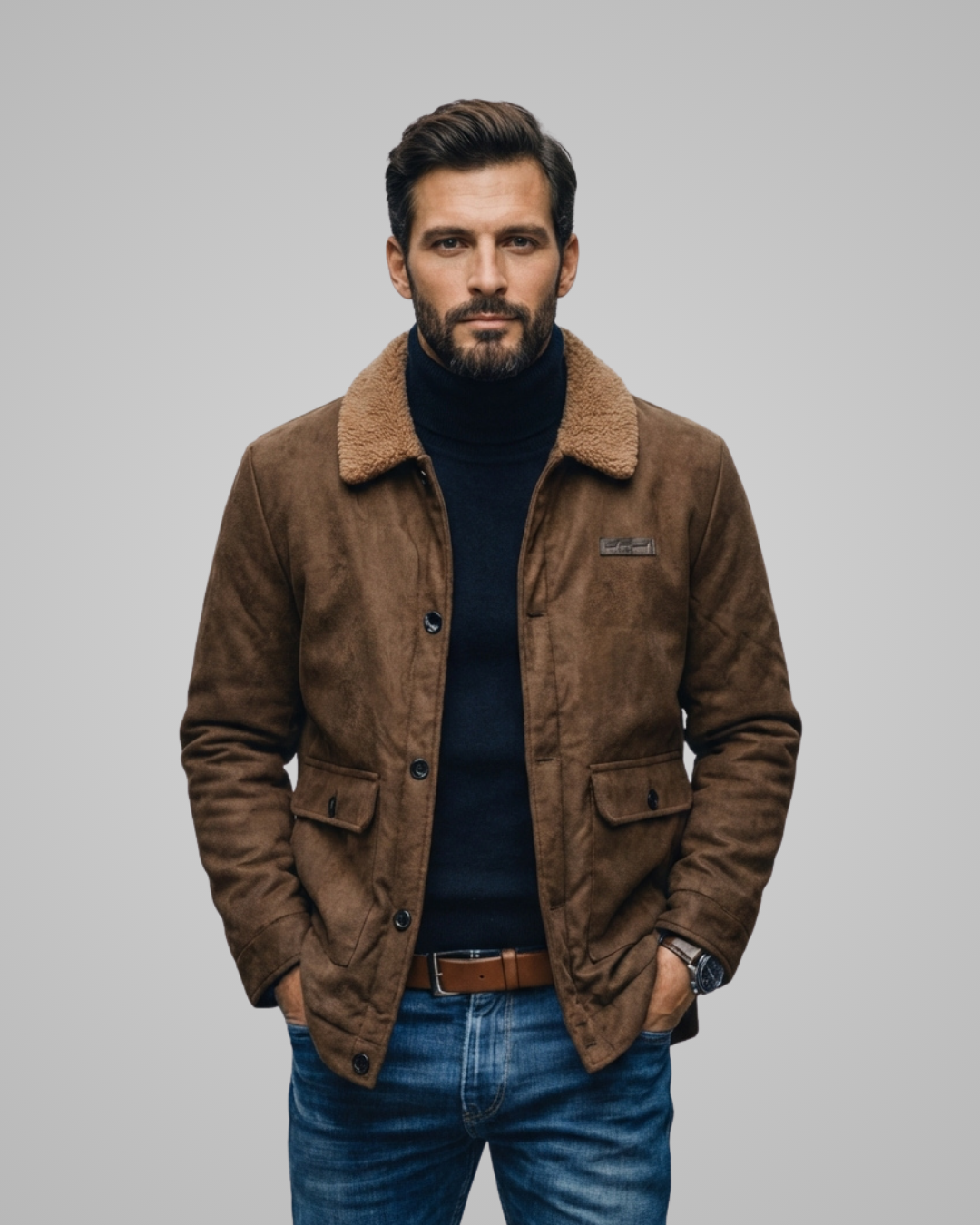 Man wearing a brown jacket with a fur collar on a gray background