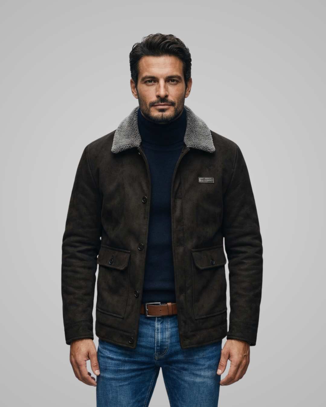 Man wearing a dark brown jacket with gray collar on a gray background