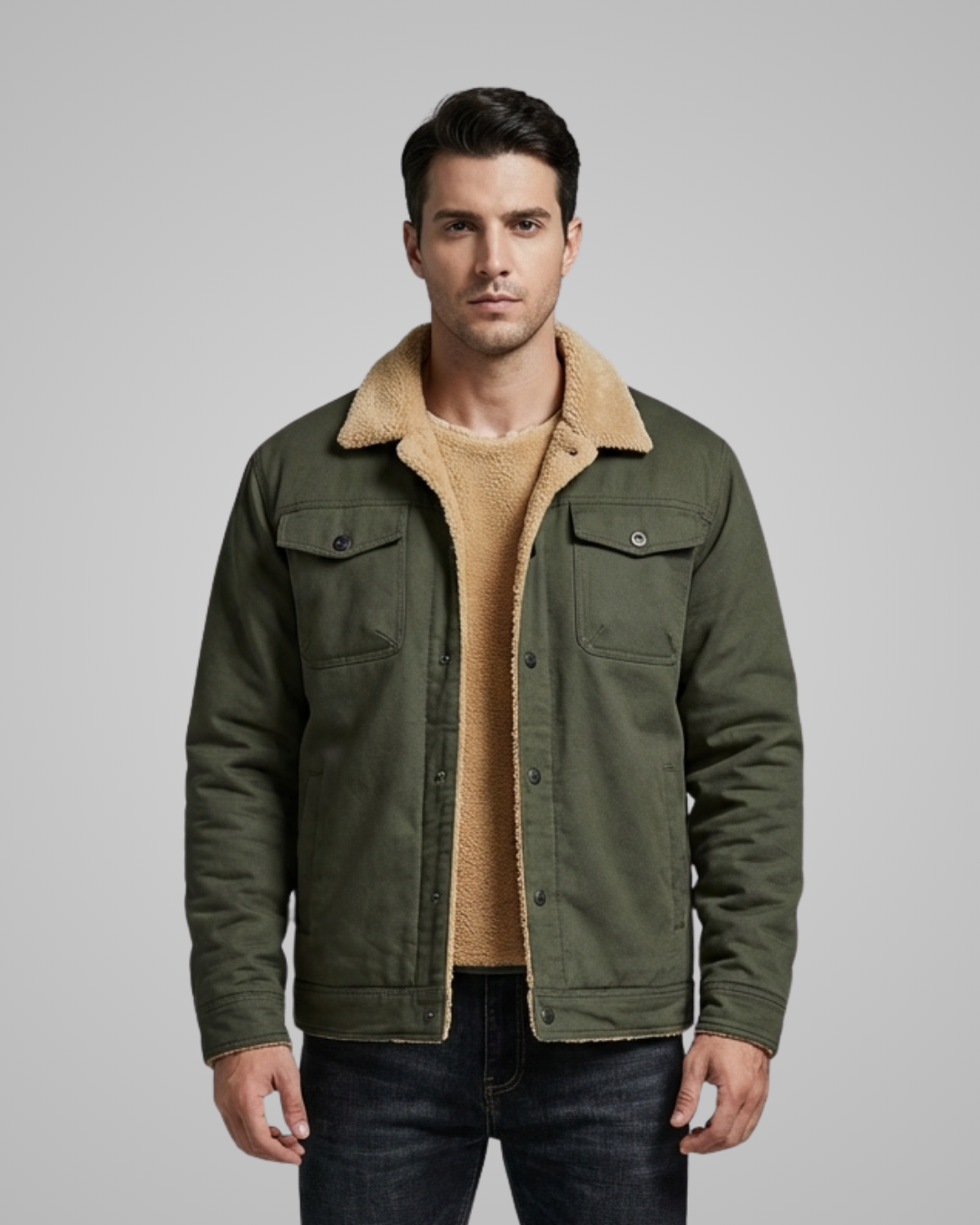 Man wearing a green jacket with a tan sherpa lining on a gray background