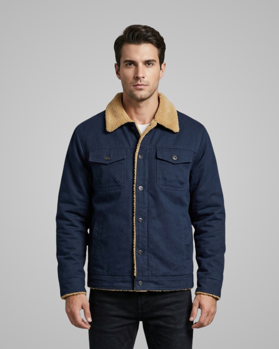 Man wearing a blue jacket with a beige collar against a gray background