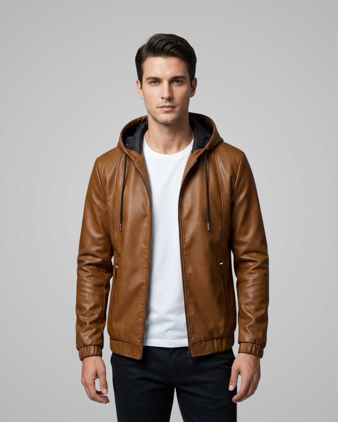 Man wearing a brown leather jacket with a hood on a gray background