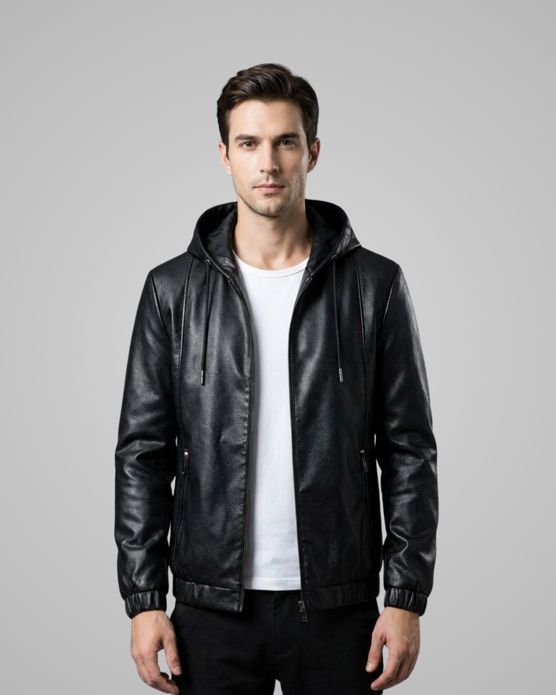 Man wearing a black leather jacket on a gray background
