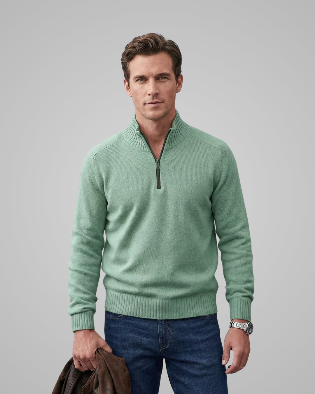 Man wearing a light green sweater and blue jeans against a gray background